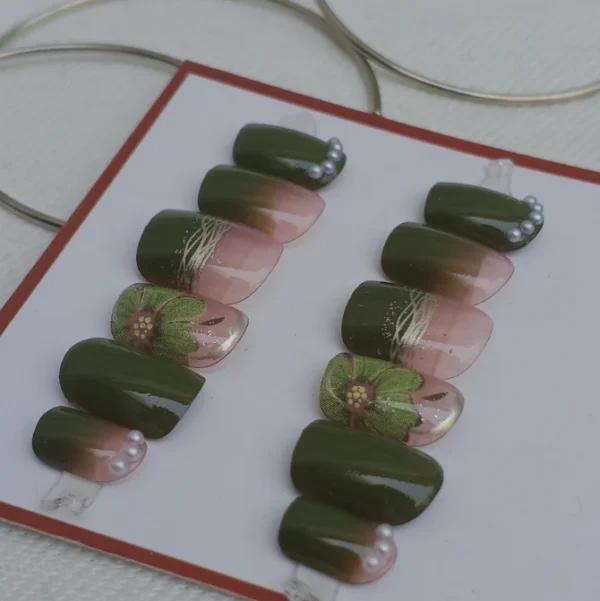Green Tea flower nails(12pcs) - Image 2